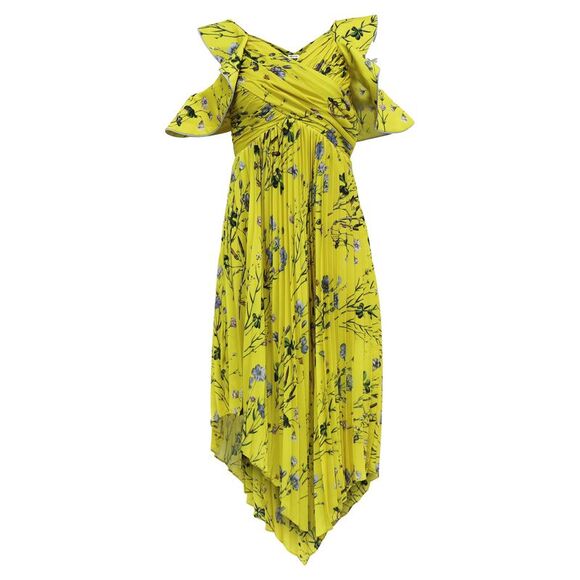 Self-Portrait Pleated Floral-Print Midi Dress in Yellow Polyester -  coffeafoods.com